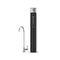 A tall, cylindrical black water filter labeled 22" High Capacity All-in-One Under Sink Water Filter & Faucet stands next to a modern, silver faucet with a curved spout and a single lever handle. Designed as an under sink water filter, this compact system features advanced 3-stage filtration to deliver clean, great-tasting water right from your tap. The background is plain white.