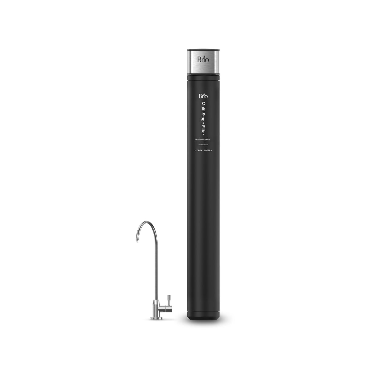 The 26" High Capacity All-in-One Under Sink Water Filter & Faucet by Brio features a sleek black cylindrical design with a metallic silver top, 3-stage filtration, and comes with a silver tap, all shown against a plain white background.