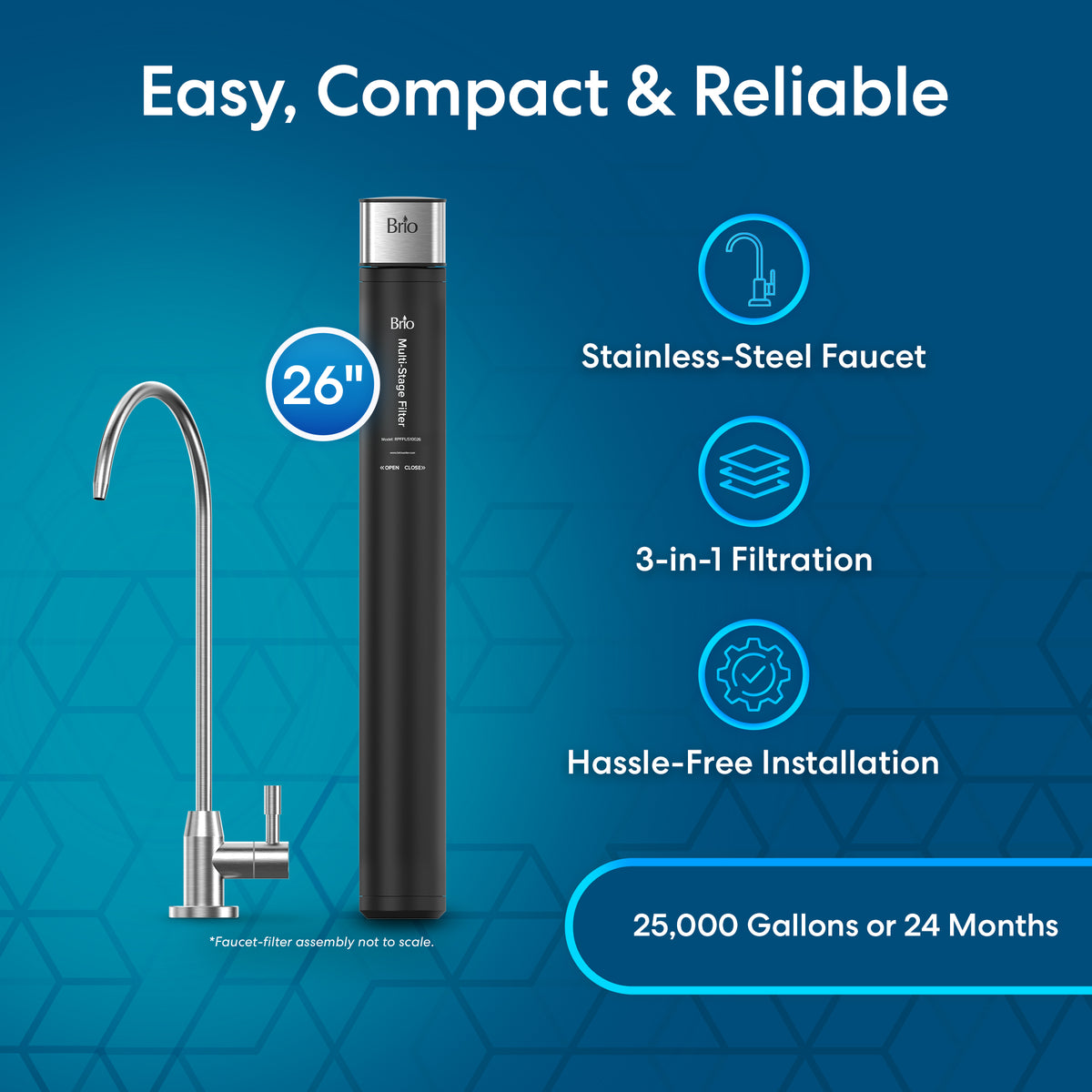 A 26" High Capacity All-in-One Under Sink Water Filter & Faucet in stainless steel and black appears on a blue background, featuring 3-stage filtration, easy installation, and a high capacity of 25,000 gallons or up to 24 months.