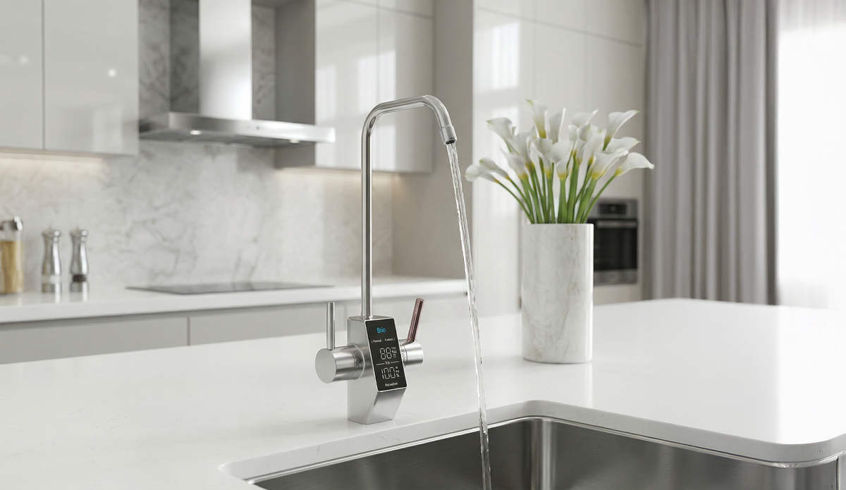 Modern kitchen sink with a sleek smart faucet dispensing water, featuring a digital display and designed for use with the Brio tankless undersink RO system.