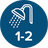 A circular blue icon with a white shower head and rain drops above the text '1-2', indicating product is best for 1-2 bathroom homes.