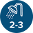 A circular blue icon with a white shower head and rain drops above the text '2-3', indicating a product is for homes with 2 to 3 bathrooms.