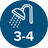 blue circular icon with white text representing filtration capacity by 3-4 bathrooms