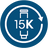 A circular blue and white icon featuring a stylized bottle and the text '15K' inside a curved arrow, indicating the product has a high capacity filter.