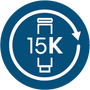 A circular blue and white icon featuring a stylized bottle and the text '15K' inside a curved arrow, indicating the product has a high capacity filter.