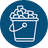 A circular blue icon showing a white bucket filled with small rectangular ice cubes representing the product produces a large capacity of ice.
