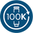 A circular blue and white icon featuring a stylized bottle and the text '100K' inside a curved arrow, indicating 100,000 gallon filtration capacity