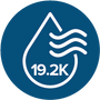 A circular blue icon with a white water droplet and waves, labeled '19.2K', used as a product feature graphic.
