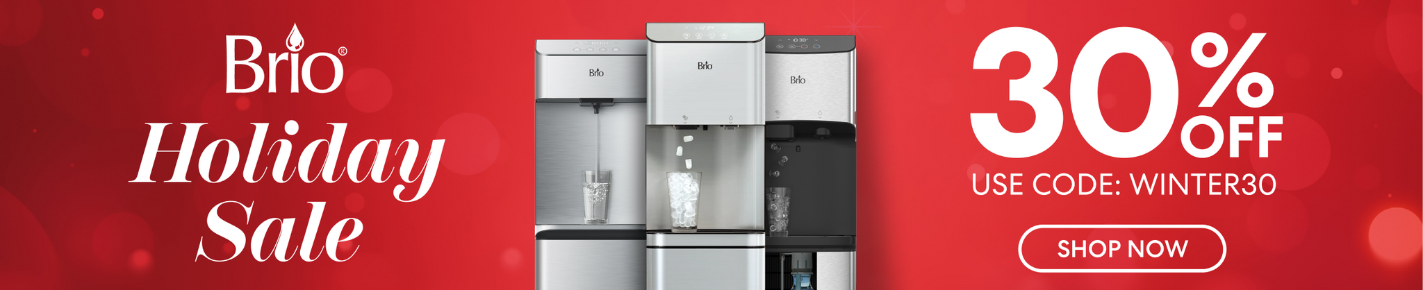 Brio Holiday Sale desktop banner featuring Brio water coolers, 30% off discount, promo code WINTER30, and ‘Shop Now’ button on red background.
