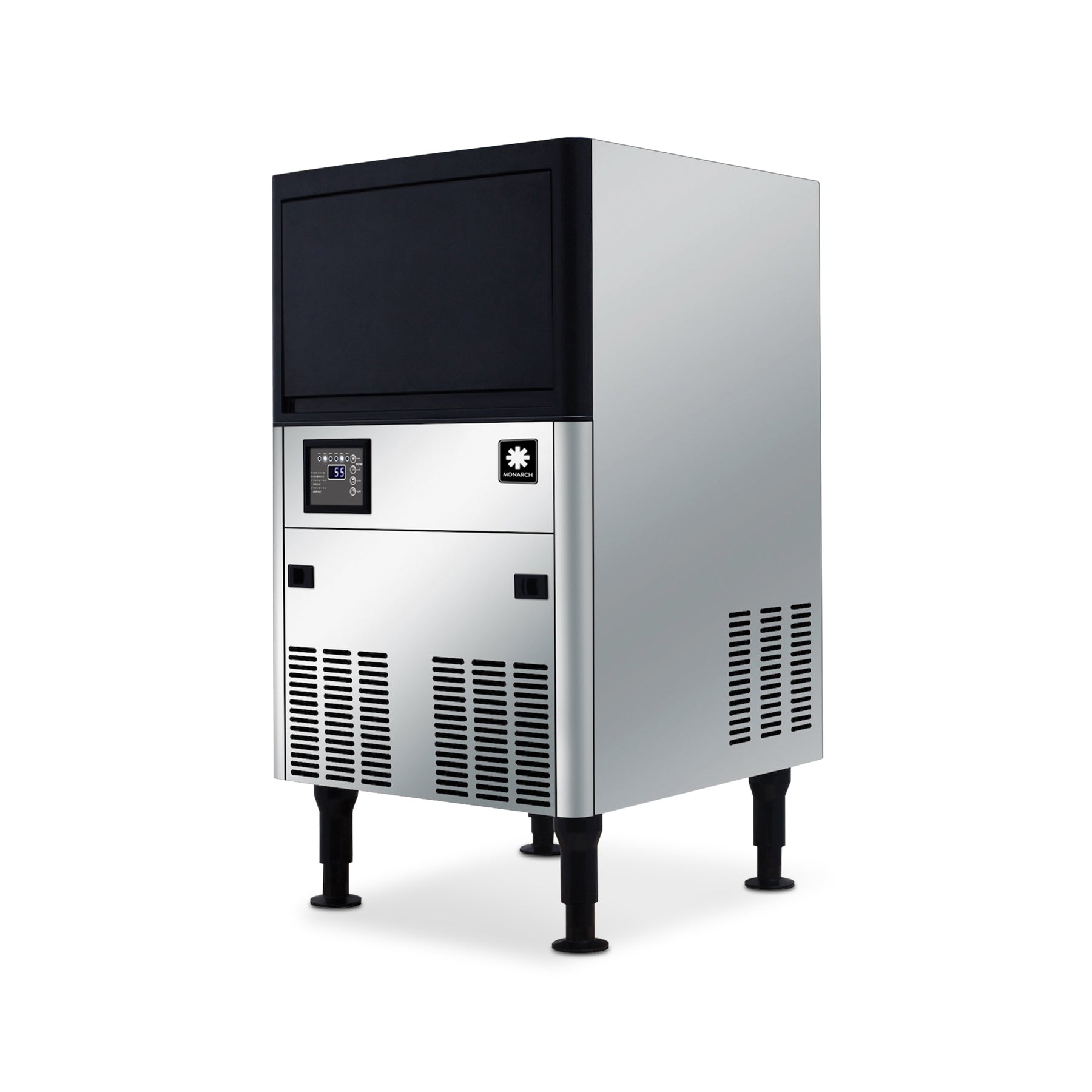 The Monarch 120 lb. Capacity Ice Machine with 40 lb. Storage Bin features a stainless steel body, black top, digital controls, ventilation grilles, and adjustable black legs; perfect as an undercounter ice maker and shown on a white background.