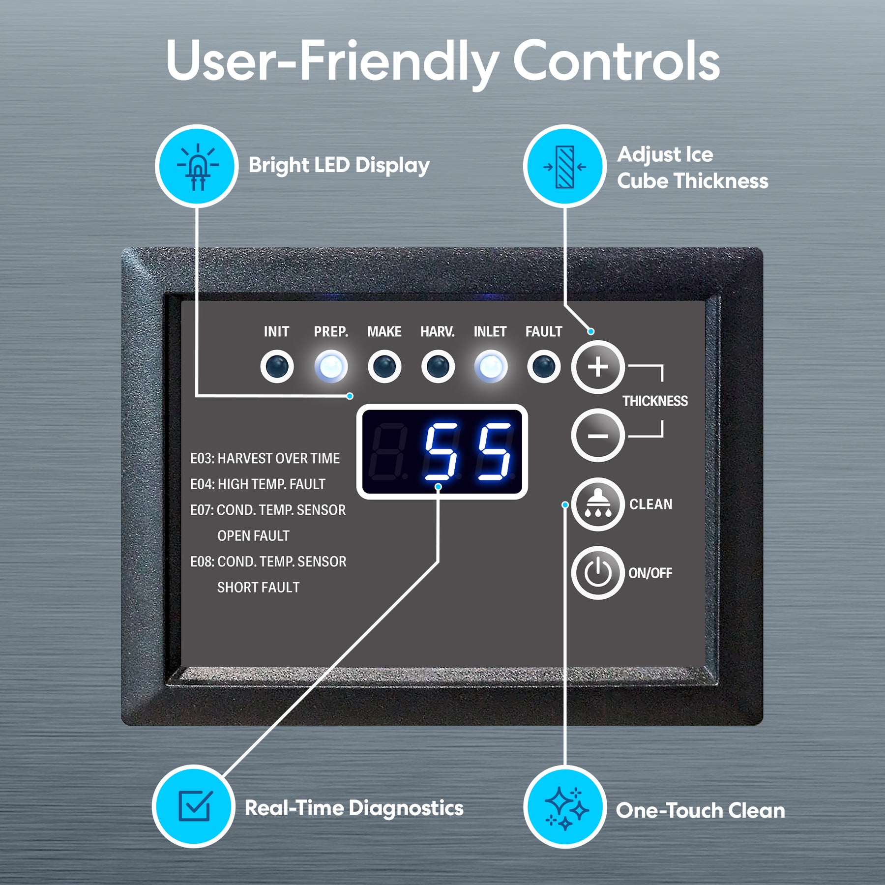 The Monarch 120 lb. Capacity Ice Machine with 40 lb. Storage Bin features a digital LED control panel with labeled buttons for ice thickness, clean, and power, plus indicator lights and icons for diagnostics, thickness adjustment, and one-touch cleaning.