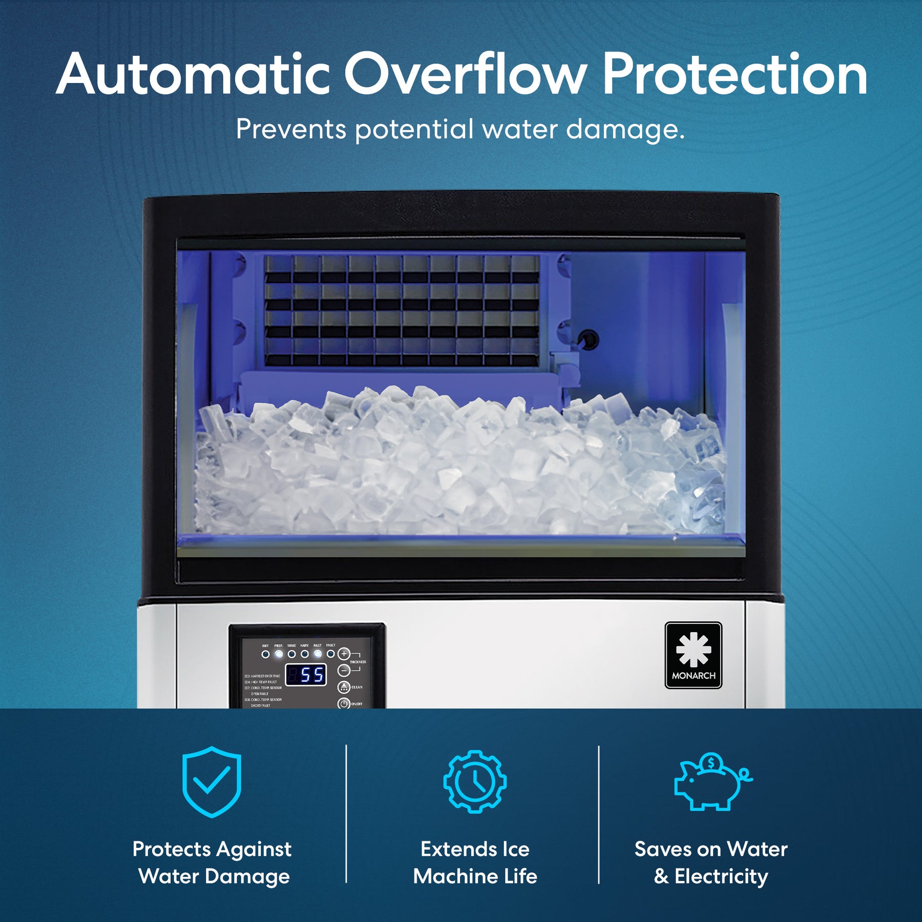 The Monarch 120 lb. Capacity Ice Machine with 40 lb. Storage Bin, shown filled with ice on a blue background, features Automatic Overflow Protection for water damage prevention, longer machine life, and energy savings.