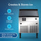 The Monarch 210 lb Capacity Ice Machine with 80 lb Storage Bin is shown on a blue background, featuring all-in-one design, customizable ice thickness, under counter fit, 210 lbs daily production, and 80 lbs storage.