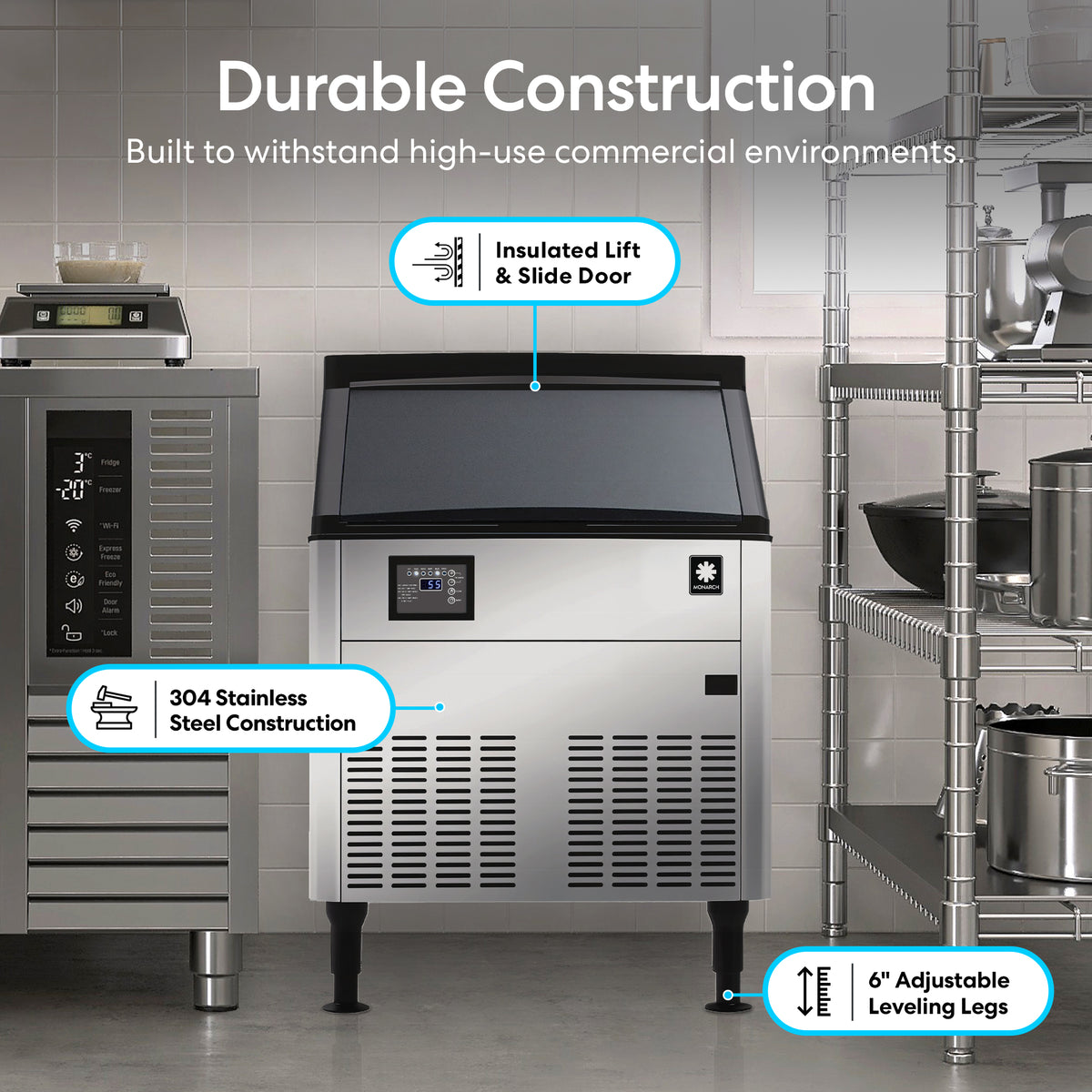 The Monarch 210 lb Capacity Ice Machine with 80 lb Storage Bin features an insulated lift and slide door, durable 304 stainless steel construction, and 6-inch adjustable leveling legs—ideal as a sleek under counter addition to any kitchen.