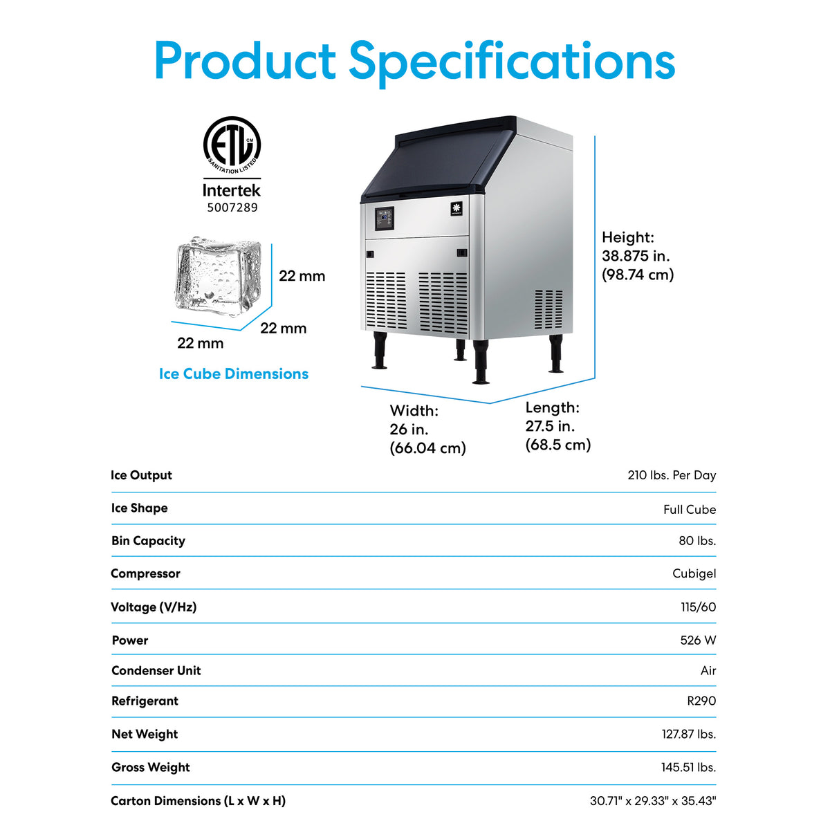 Infographic of the Monarch 210 lb Capacity Ice Machine with 80 lb Storage Bin in stainless steel, open top, dimensions: 38.875"H x 26"W x 27.5"L, feature list included, and labeled ice cube size: 22 x 22 mm.
