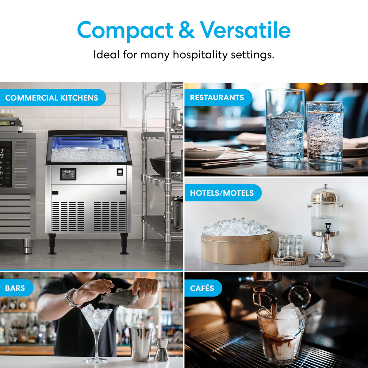 A collage shows the Monarch 280 lb. Capacity Ice Machine with 80 lb. Storage Bin in kitchens, restaurants, hotels, and bars for drinks and iced coffee prep. Text: Compact & Versatile for hospitality settings.