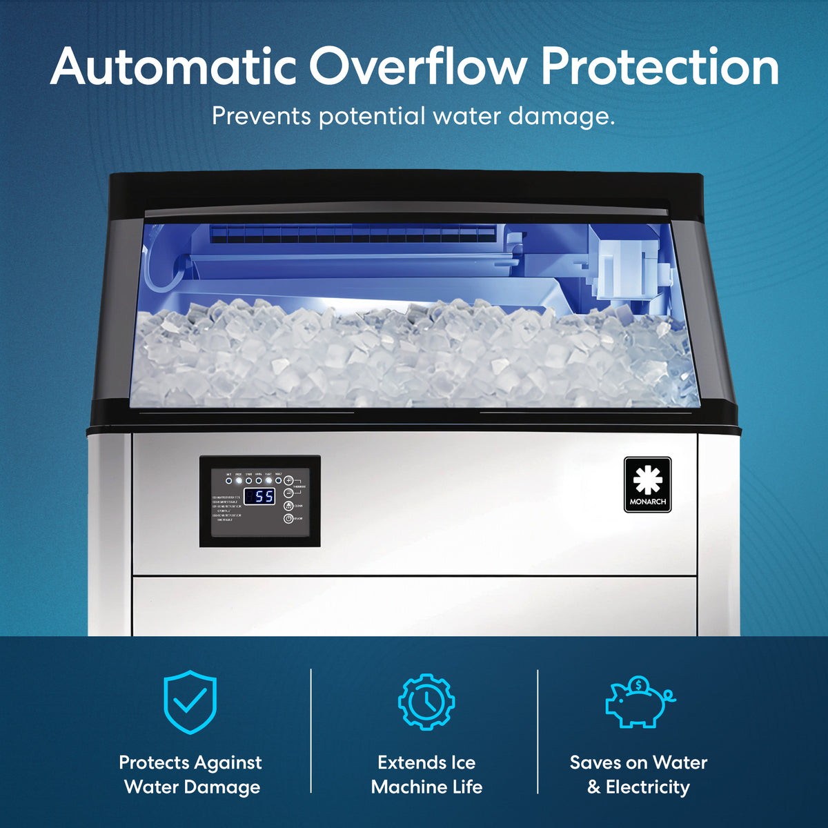 The Monarch 280 lb. Capacity Ice Machine with 80 lb. Storage Bin features automatic overflow protection for water damage prevention, longer machine life, and savings on water and electricity. Ice-filled unit shown against a blue background highlighting key benefits.