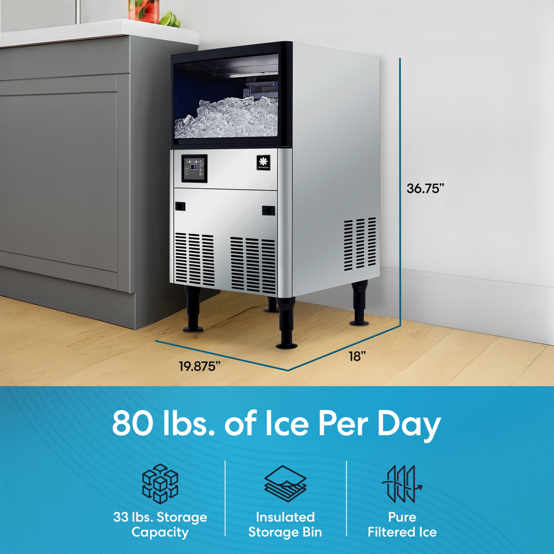 The Monarch 80 Lb Capacity Ice Machine with 33 Lb Storage Bin produces up to 80 lbs of ice per day, stores 33 lbs, and measures 36.75" tall, 19.875" wide, and 18" deep—perfect for undercounter kitchen installation.