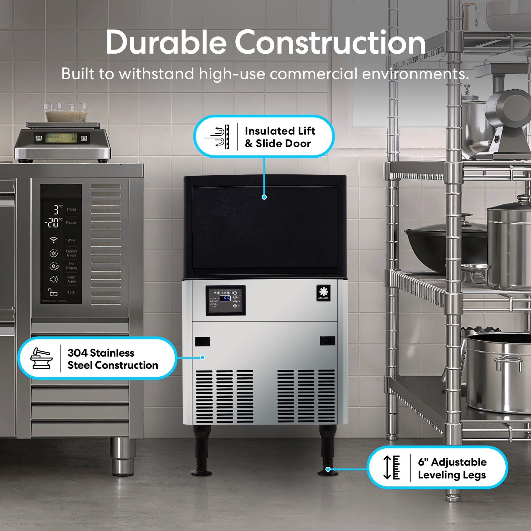 A commercial kitchen features the Monarch 80 Lb Capacity Ice Machine with 33 Lb Storage Bin, stainless steel blast chiller, insulated lift-and-slide door, and adjustable legs—all surrounded by shelves and other durable appliances.