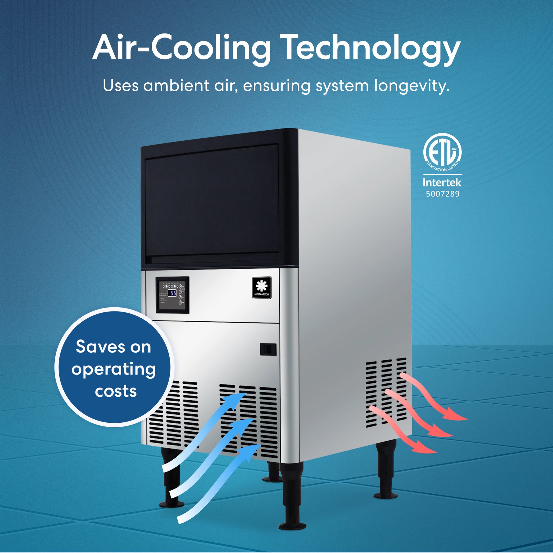 The Monarch 80 Lb Capacity Ice Machine with 33 Lb Storage Bin features air-cooling technology, using ambient air to boost system longevity and save on operating costs. Blue and red arrows highlight airflow, while black legs support its stainless steel body.
