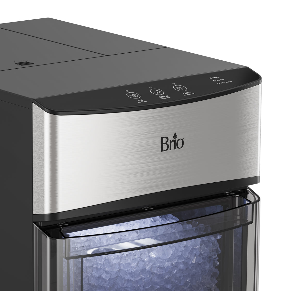 Close-up of the Brio Countertop Nugget Ice Maker - 740i, featuring a stainless steel front panel, digital touch controls on top, and a transparent bin filled with nugget-style ice.