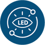 A circular blue icon with a white stylized eye and the word LED in the center, indicating an LED light feature.
