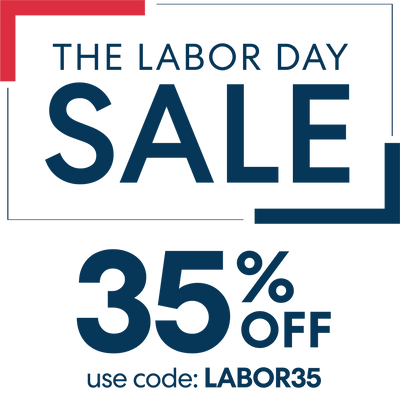 Promotional graphic with text reading 'The Labor Day Sale' and '35% Off, use code: LABOR35.' Features blue text with red and blue corner accents on a transparent background.