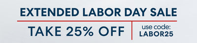Promotional sale graphic reading 'EXTENDED LABOR DAY SALE' and 'TAKE 25% OFF' with a red line and the code 'LABOR25' on a light gray background.