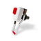 A close-up of a 300 Series Dispenser Paddle White with a red mechanical lever, metal frame, prominent red button, and cylindrical mounting attachment, isolated on a white background.