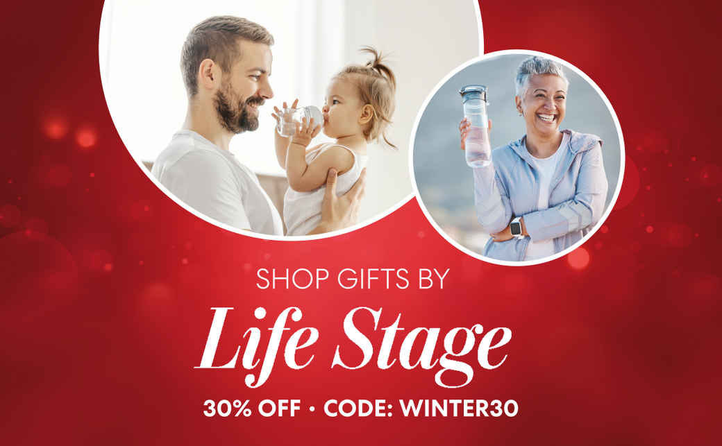 Shop gifts by life stage—Brio holiday deal, 30% off with code WINTER30, parent with toddler and active adult with water bottle.