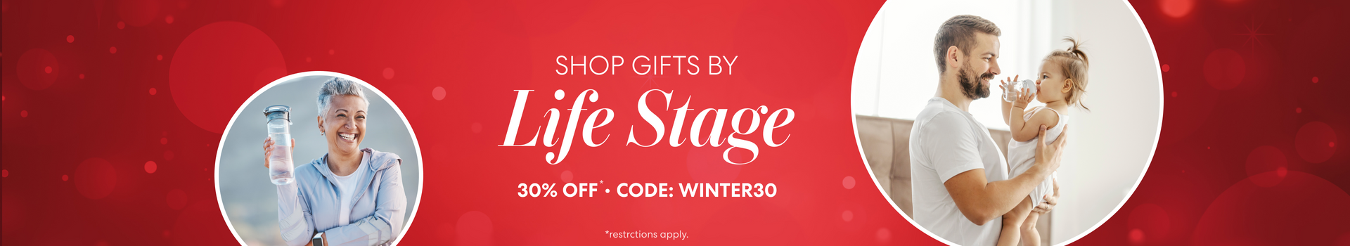 Brio “Shop Gifts by Life Stage” holiday banner offering 30% off with code WINTER30, featuring a smiling woman holding a water bottle and a father holding a toddler drinking water on a red festive background.