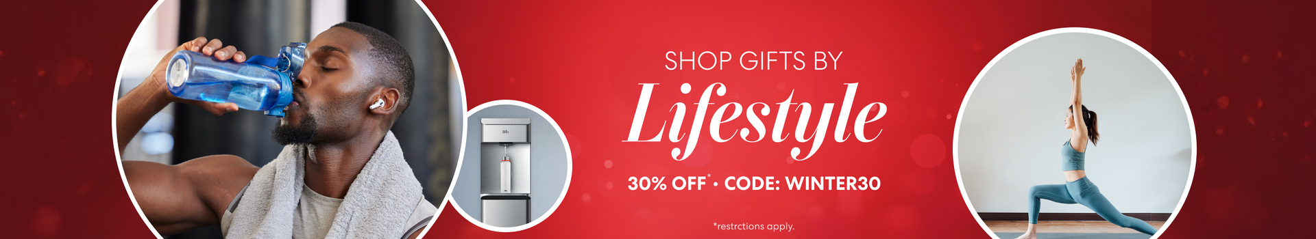 Brio “Shop Gifts by Lifestyle” holiday banner with 30% off (code WINTER30), featuring an athlete drinking from a water bottle, a Brio water cooler, and a woman doing a yoga pose on a red festive background.
