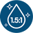 blue circular icon with white graphics representing that the product has a 1.5 to 1 pure to drain ratio.