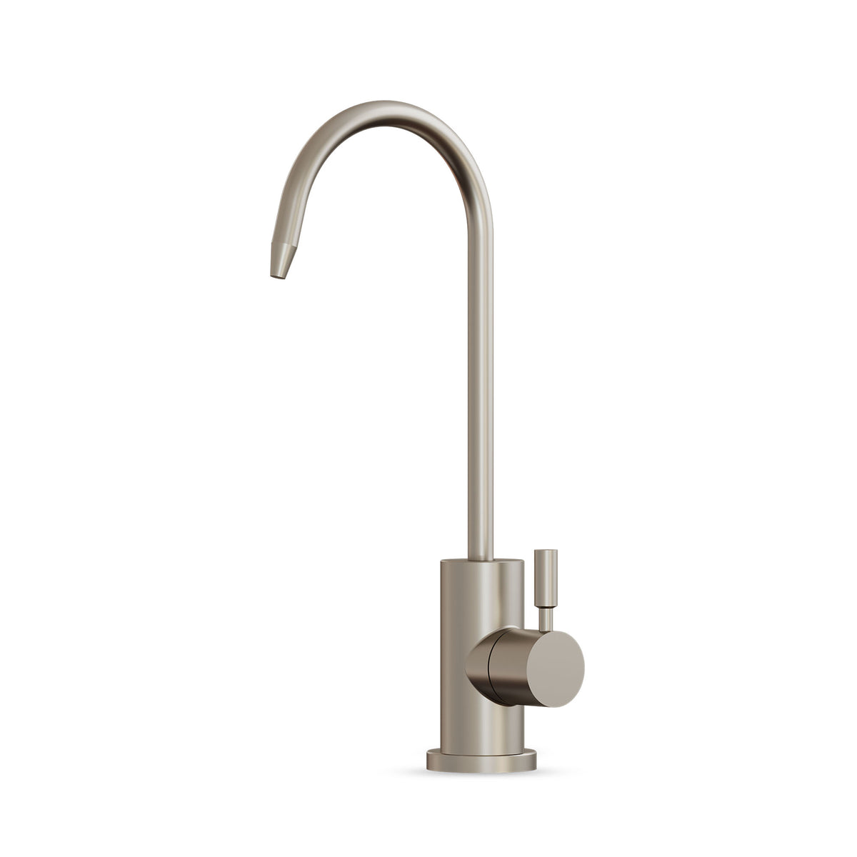 The Modern Series Water Faucet-31mm Brushed Nickel features a high, curved spout, single side lever handle, and is crafted from lead-free stainless steel, displayed against a plain white background.