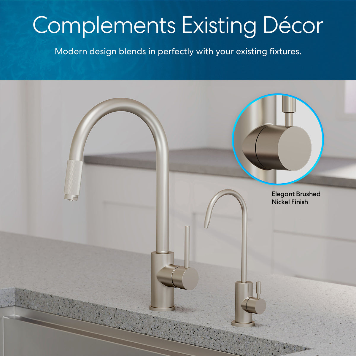 The Modern Series Water Faucet-31mm Brushed Nickel and matching reverse osmosis faucet are installed on a light-colored countertop. Modern design complements existing décor, blending seamlessly with your fixtures.