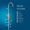Diagram of the Modern Series Water Faucet-31mm Brushed Nickel with labeled parts: faucet, 31mm base, rubber washer, locking nut, two locking clips, 1/4” quick connect, and 1/4” PE tubing. “What’s Included” appears beside the diagram.