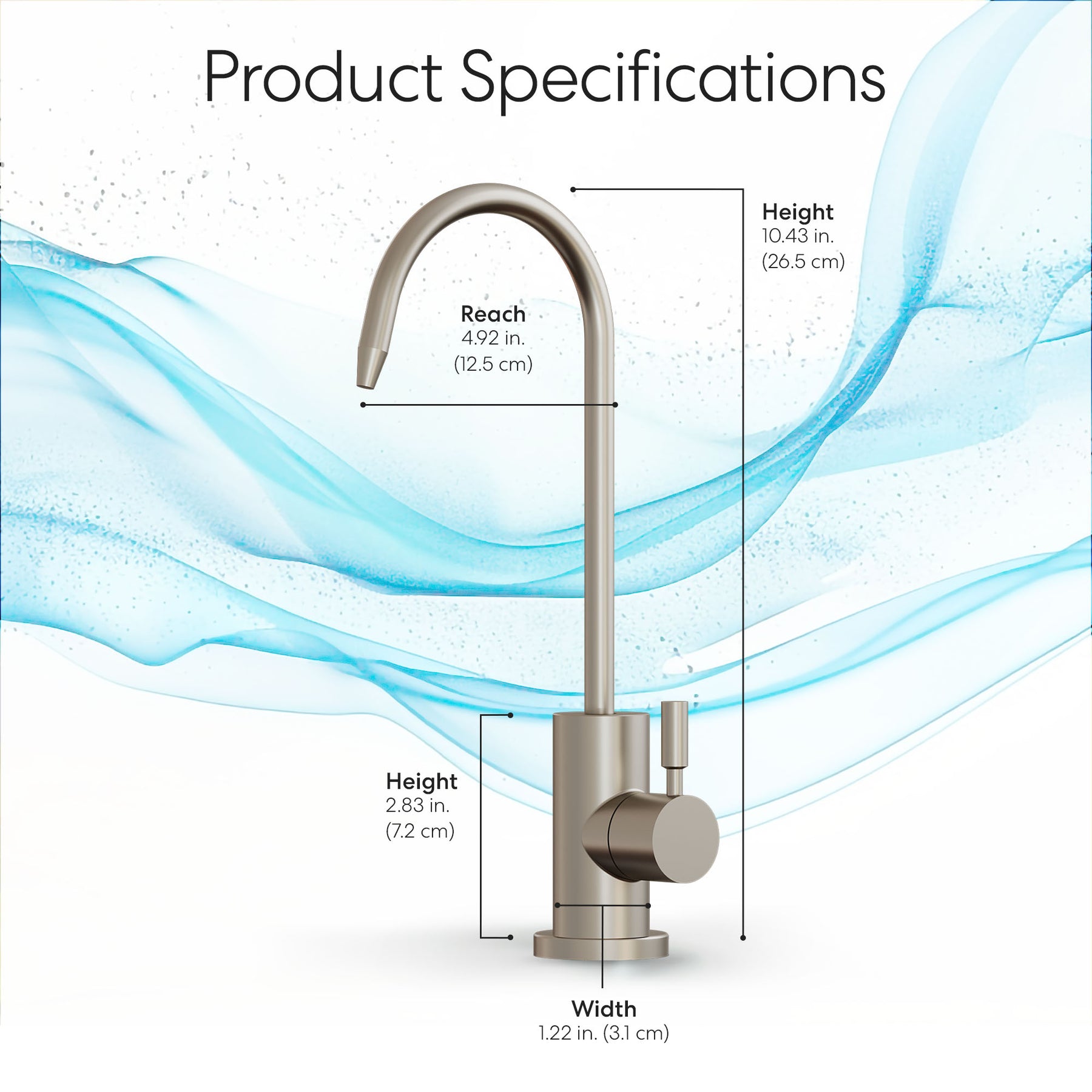 Brio Modern Series Water Faucet-31mm Brushed Nickel features labeled dimensions: height 10.43 in. (26.5 cm), reach 4.92 in. (12.5 cm), base height 2.83 in. (7.2 cm), width 1.22 in. (3.1 cm). Product Specifications displayed.