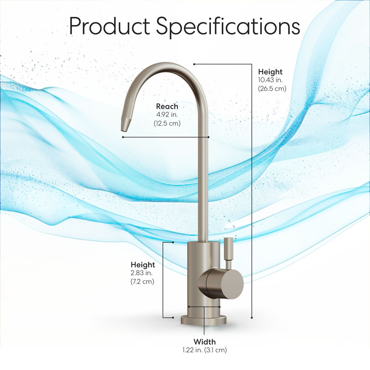 The Modern Series Water Faucet-31mm Brushed Nickel is displayed with dimensions: height 10.43" (26.5 cm), reach 4.92" (12.5 cm), base height 2.83" (7.2 cm), and width 1.22" (3.1 cm) against a blue wave background.