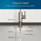 A diagram shows the installation of the Modern Series Water Faucet Built-In Base, labeling rubber washer, locking nut, locking clip, 4" threaded shank, 1/4" quick connect, and 1/4" PE tubing. Top text: Easy to Install.