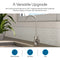 The Modern Series Water Faucet Built-In Base is shown installed on a kitchen counter with a hexagonal tile backsplash, versatile for home kitchens, wet bars, and RVs. A plant and sink are also part of the scene.
