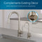 The Modern Series Water Faucet Built-In Base, featuring a sleek stainless steel and reverse osmosis faucet in brushed nickel, is displayed on a gray countertop. Inset close-up shows finish. Above: Complements Existing Décor.