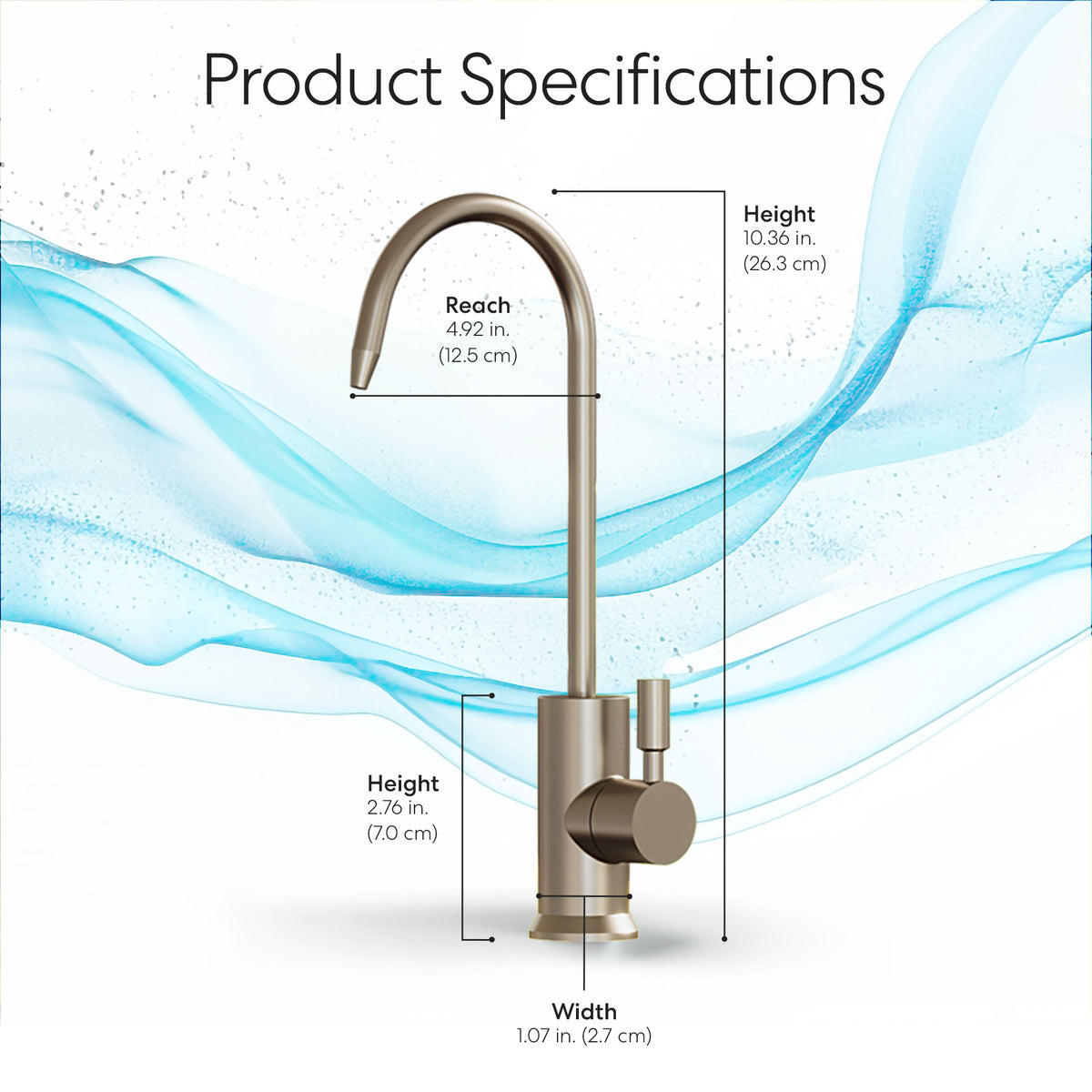 Diagram of the Modern Series Water Faucet Built-In Base (stainless steel): overall height 10.36 in. (26.3 cm), spout reach 4.92 in. (12.5 cm), base height 2.76 in. (7.0 cm), base width 1.07 in. (2.7 cm).