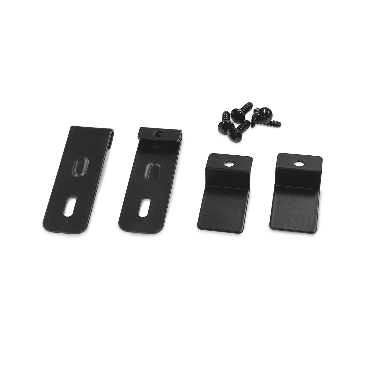 The Riser ACWC430 Assembly Accessories Kit includes four black metal mounting brackets of varying shapes and four black screws, all shown on a white background. The brackets feature slotted holes for adjustable installation.