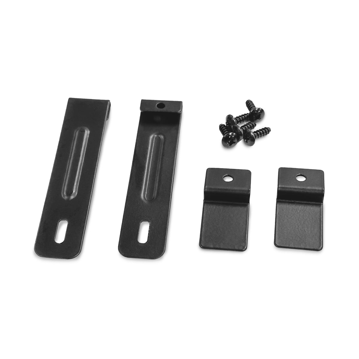 Four black metal mounting brackets and six black screws from the Riser ACWC720ICE Assembly Accessories Kit, arranged neatly on a white background.