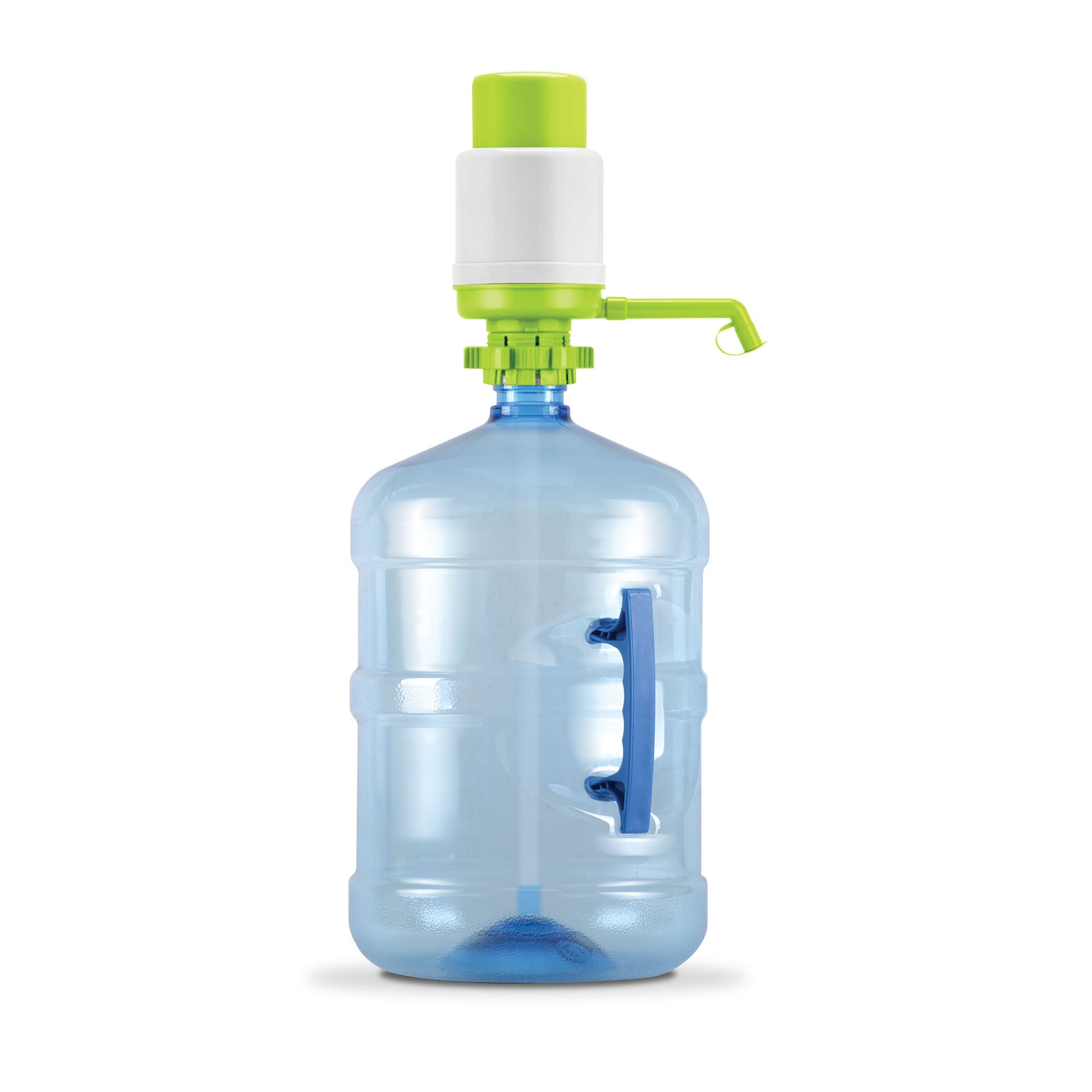 The Brio Manual Water Bottle Pump - Green & White fits 3- and 5-gallon, BPA-free, transparent blue water jugs. It features an integrated handle, lever, and spout for easy dispensing.