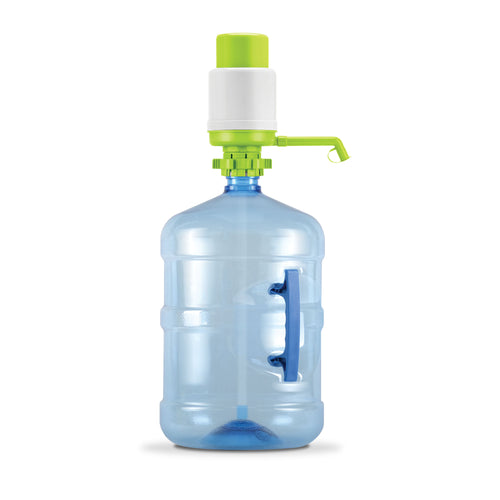 The Brio Manual Water Bottle Pump - Green & White fits 3- and 5-gallon, BPA-free, transparent blue water jugs. It features an integrated handle, lever, and spout for easy dispensing.