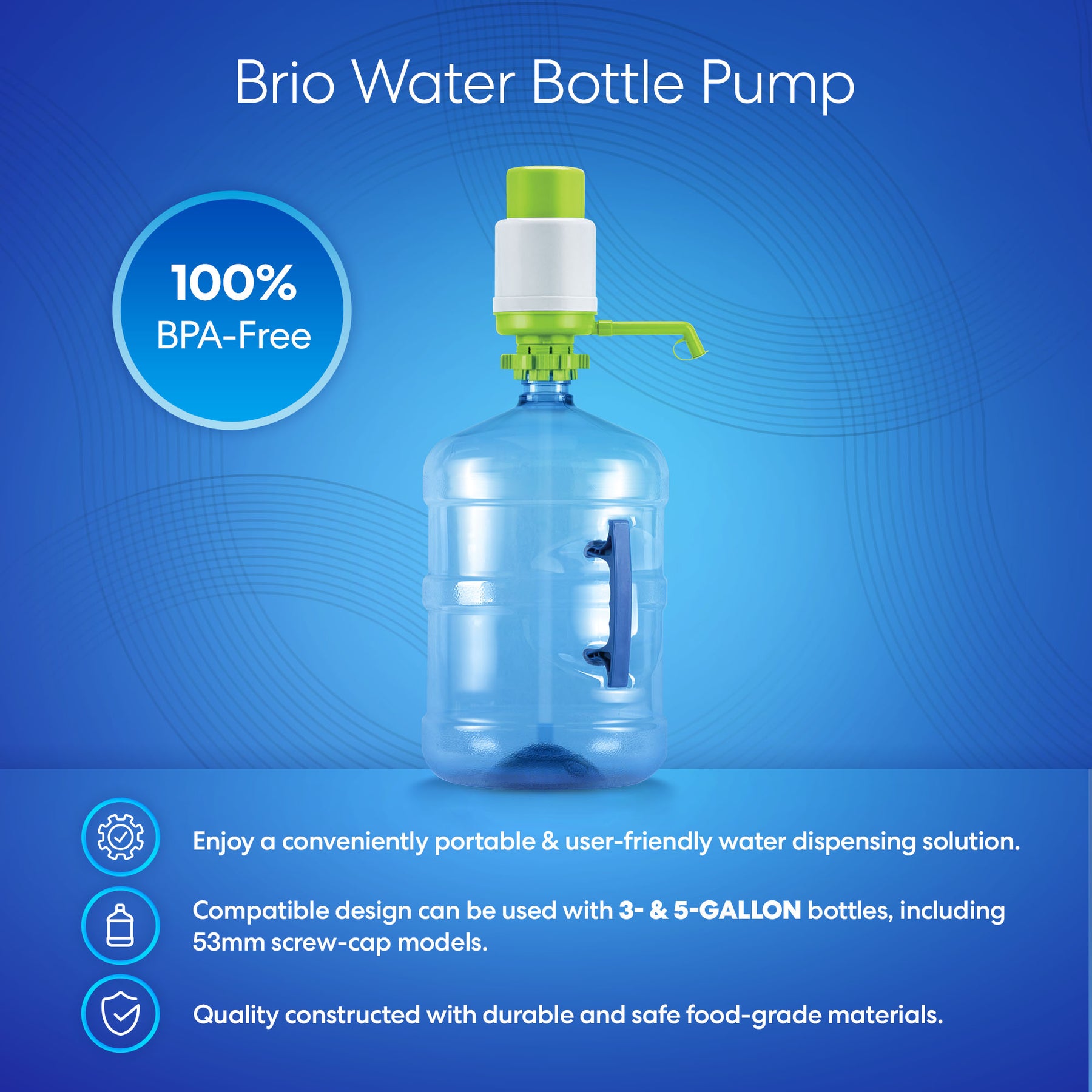 The Brio Manual Water Bottle Pump - Green & White fits 3- & 5-gallon bottles, is BPA-free, uses safe food-grade materials, and features user-friendly design with wide compatibility. Clean green-and-white colors offer a fresh look.