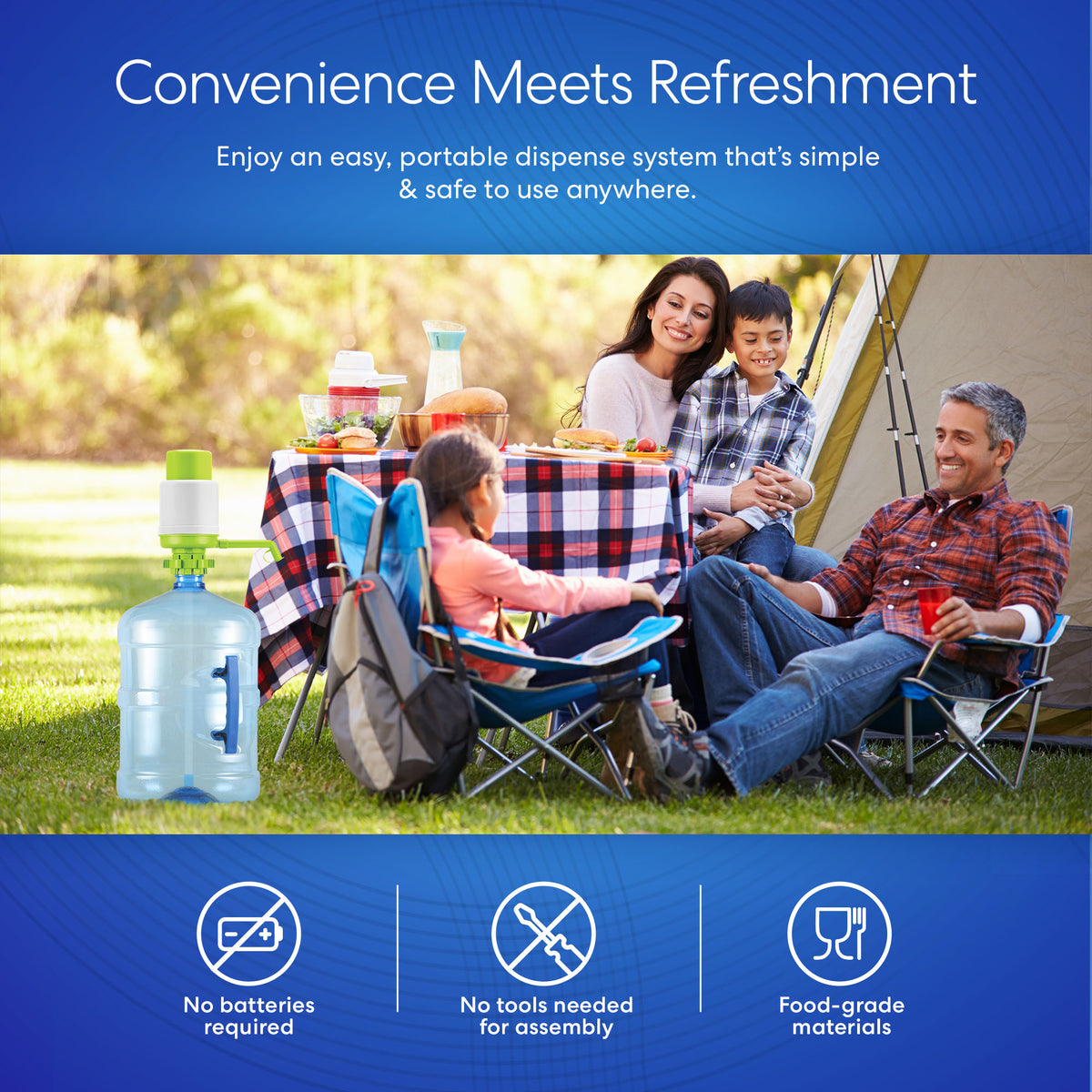 A family of four enjoys a picnic by a tent, smiling around a table with food. Up front is the Manual Water Bottle Pump - Green & White on a 5-gallon bottle. Icons show it needs no batteries, no assembly, and uses food-grade materials.