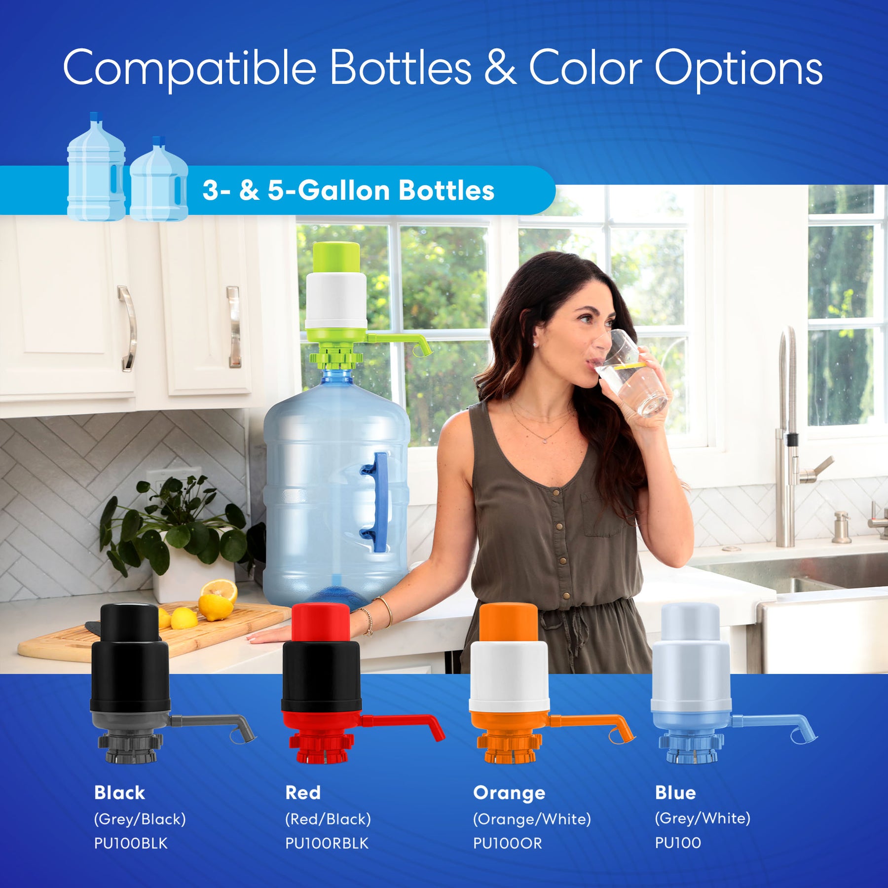 A woman drinks from a glass near a Brio Manual Water Bottle Pump (Green & White) attached to a large bottle in a bright kitchen. Below, four pump color options for 3- and 5-gallon bottles are displayed: black, red, orange, and blue.