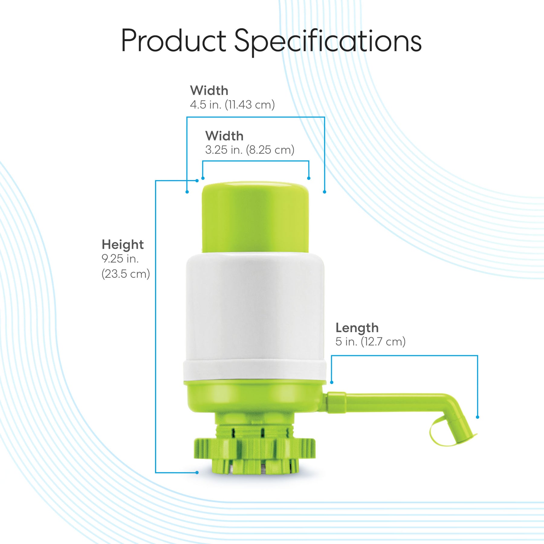A labeled diagram of the Brio Manual Water Bottle Pump (Green & White): BPA-free; height 9.25 in (23.5 cm), main width 4.5 in (11.43 cm), top width 3.25 in (8.25 cm), spout length 5 in (12.7 cm); fits 3- & 5-gallon bottles.